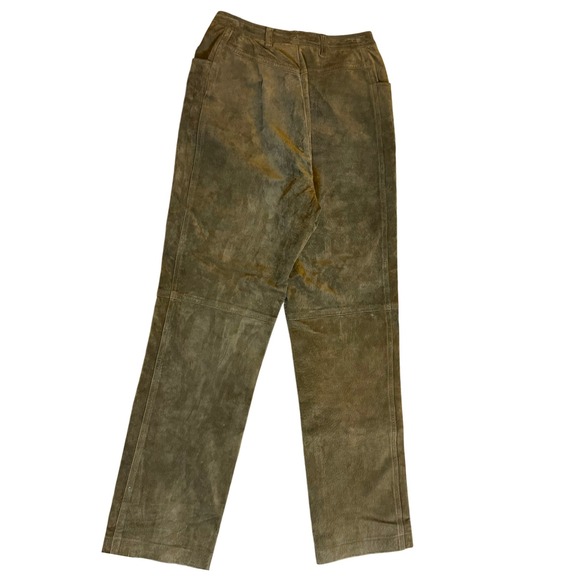 Olive Green Khaki Suede Leather Straight Lined Leg Pants Women's Size 12 - Picture 3 of 4